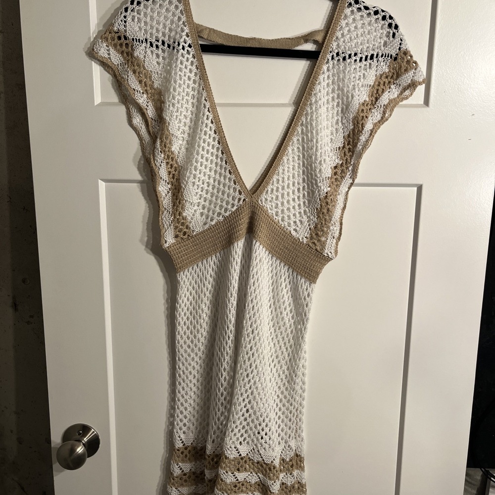 Cupshe V-neck Crochet Maxi Cover-up White Tan Beach Dress Large